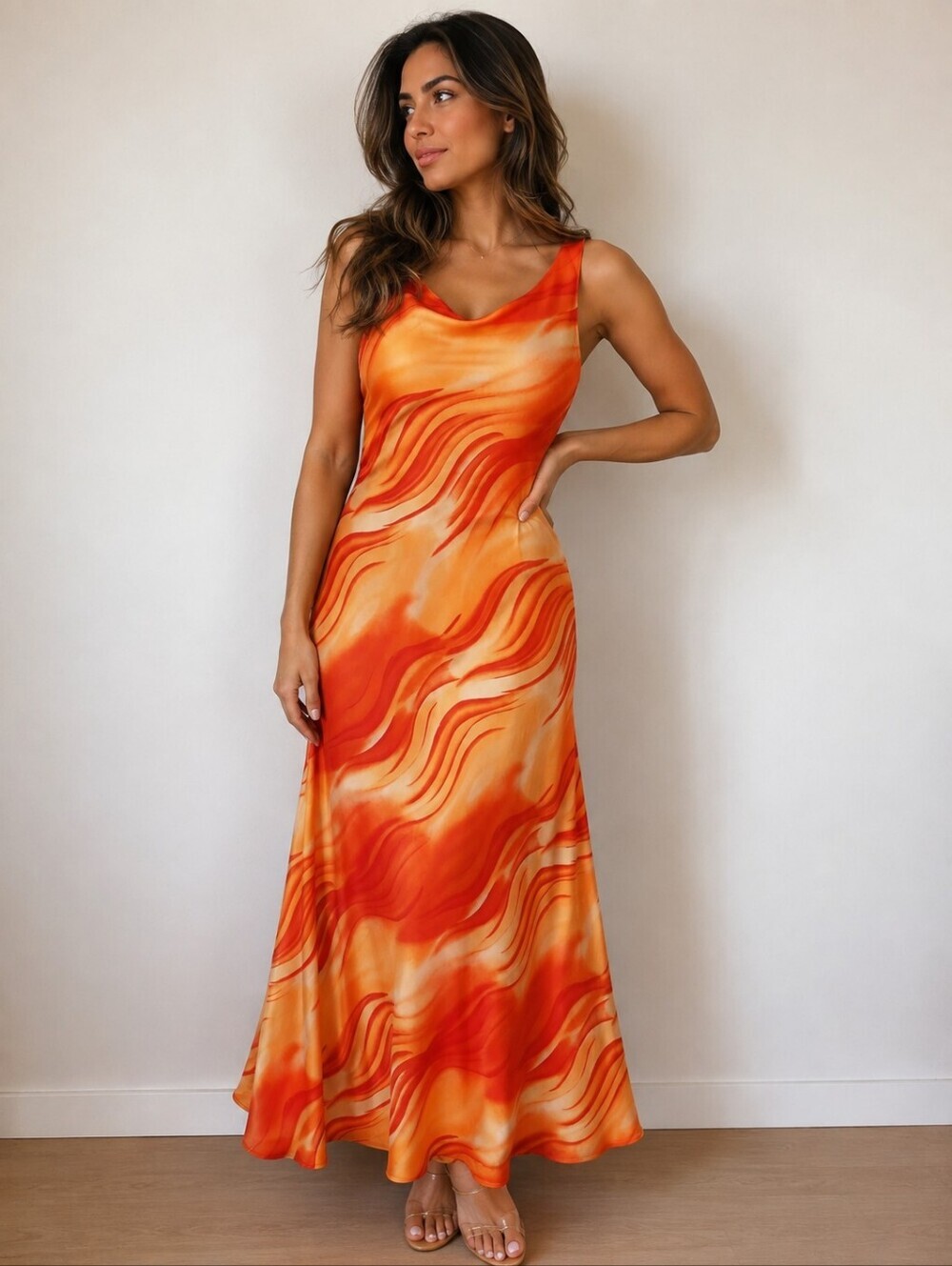 Vintage Style Sleeveless Orange Wave-Print Maxi Dress